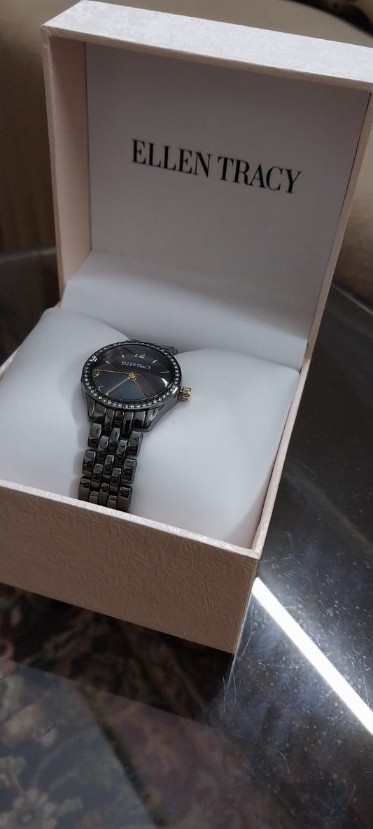 Ellen Tracy Shiny Black Watch with Dark Stones and Golden Accent